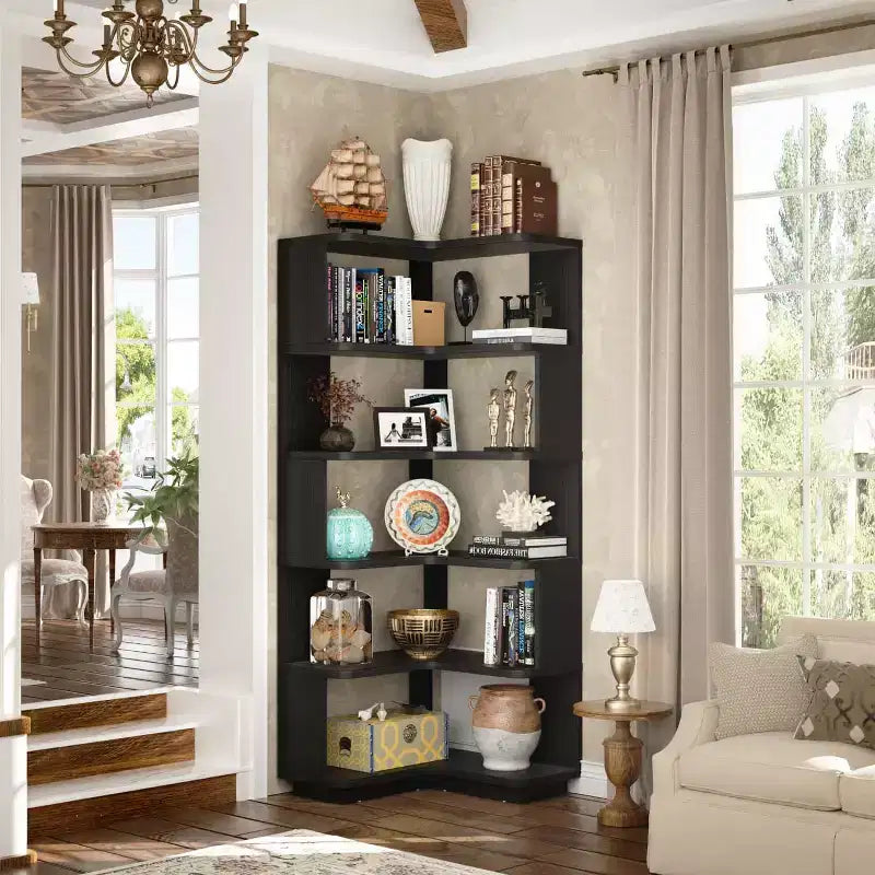 Hoekboekenkast met 6 planken, ruimtebesparend displayrek