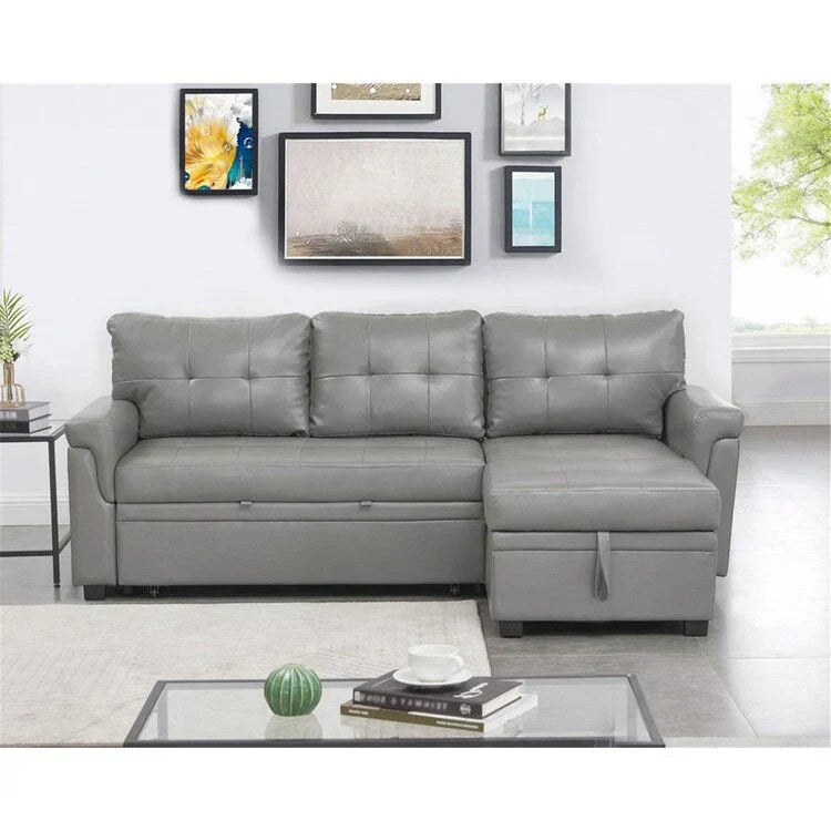 Canapé d’angle convertible et réversible avec lit escamotable, méridienne avec rangement dissimulé et pieds robustes