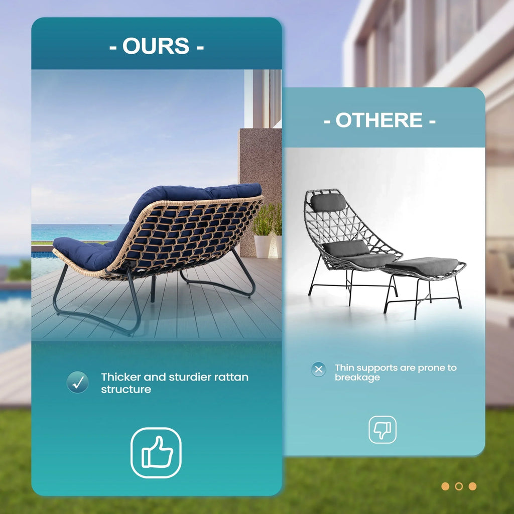 Dubbele papasan-loveseat met kussen, weerbestendig PE-rotan en metalen frame voor binnen en buiten