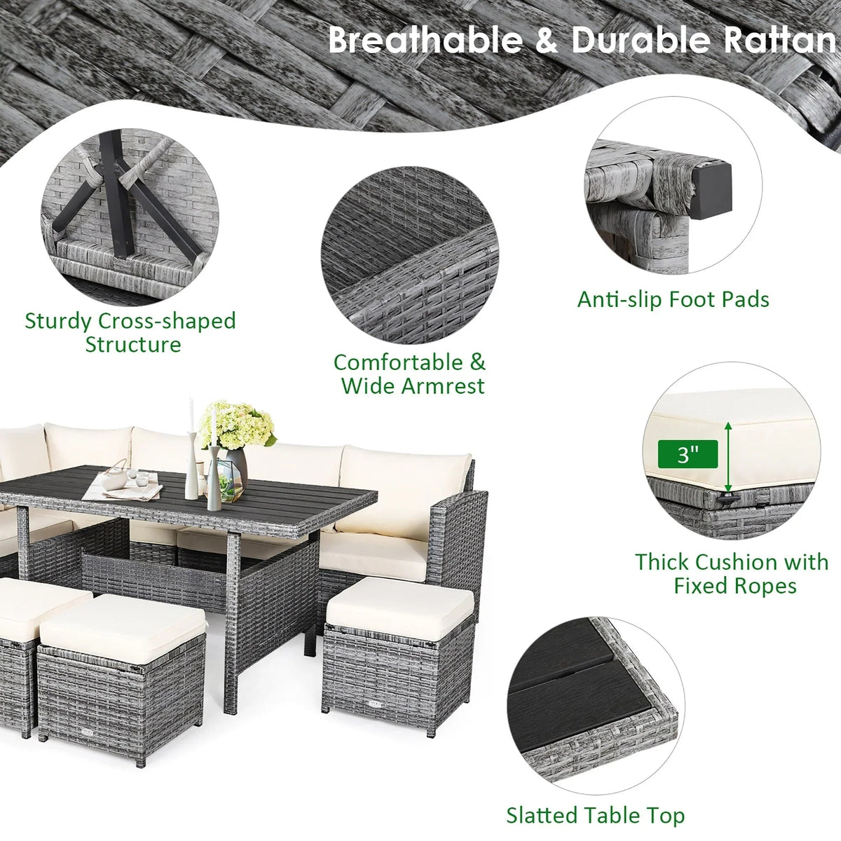 Costway 7-delige diningset van rotan voor het terras, modulaire bank, sofa en voetenbank - bekijk de details