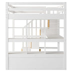 Natural+White Full Solid Wood Loft Bed with Desk & Drawers