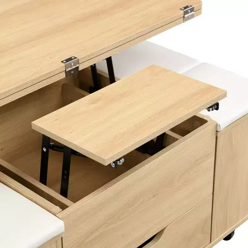 Multifunktionaler moderner Couchtisch mit Hubplatte und verstecktem Stauraum, 4 Hockern und Rollen, perfekt für moderne Wohnräume