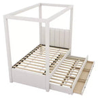 Polsterbett mit Himmelgestell in Full Size aus Leinen, mit Ausziehbett und drei Schubladen