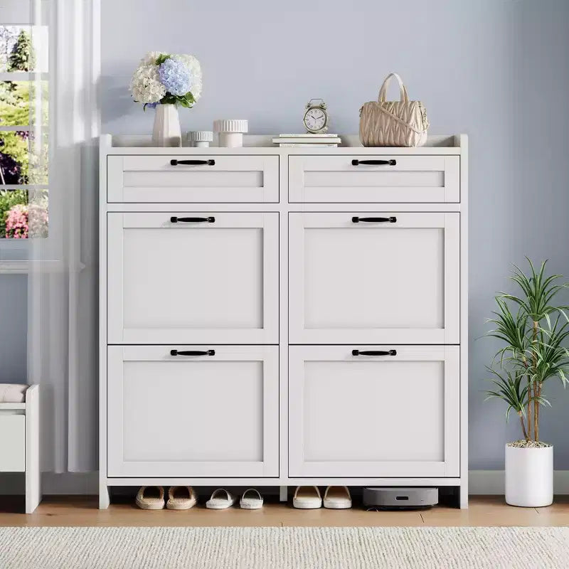 Schoenenkast met 4 klepdeuren en 2 bovenladen, houten schoenenkast met verstelbare plank, vrijstaand schoenenopbergmeubel