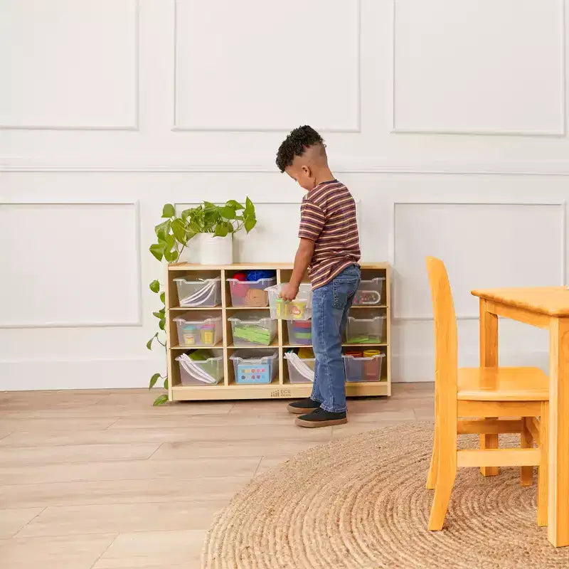 Meuble mobile à casiers avec plateau et 15 bacs à façade incurvée, 3x4, mobilier pour enfants