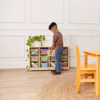 Meuble mobile à casiers avec plateau et 15 bacs à façade incurvée, 3x4, mobilier pour enfants