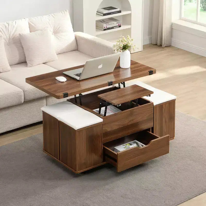 Multifunktionaler moderner Couchtisch mit Hubplatte und verstecktem Stauraum, 4 Hockern und Rollen, perfekt für moderne Wohnräume