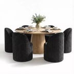 Ensemble de salle à manger moderne pour 6 personnes, table ronde à piètement central, fauteuils pivotants en forme de tonneau à roulettes, chenille texturée - Panipeachy