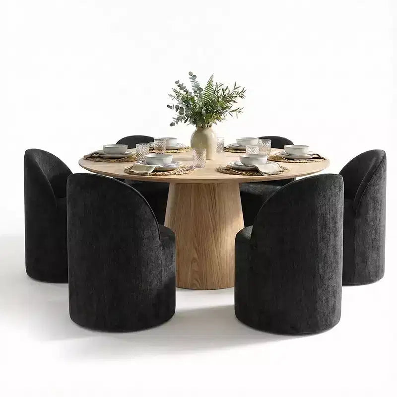 Ensemble de salle à manger moderne pour 6 personnes, table ronde à piètement central, fauteuils pivotants en forme de tonneau à roulettes, chenille texturée - Panipeachy