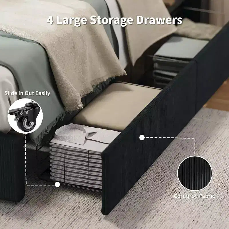 CuisinSmart bedframe van ribfluweel met hoofdbord, gestoffeerd platformbedframe met 4 opbergladen en houten lattenbodem