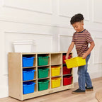 Meuble mobile à casiers avec plateau et 15 bacs à façade incurvée, 3x4, mobilier pour enfants