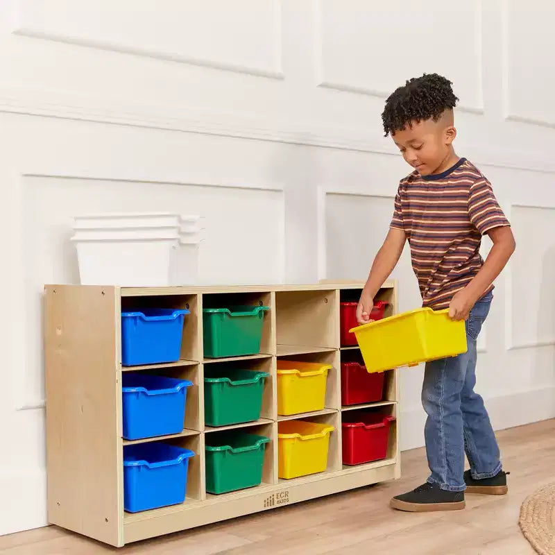 Meuble mobile à casiers avec plateau et 15 bacs à façade incurvée, 3x4, mobilier pour enfants
