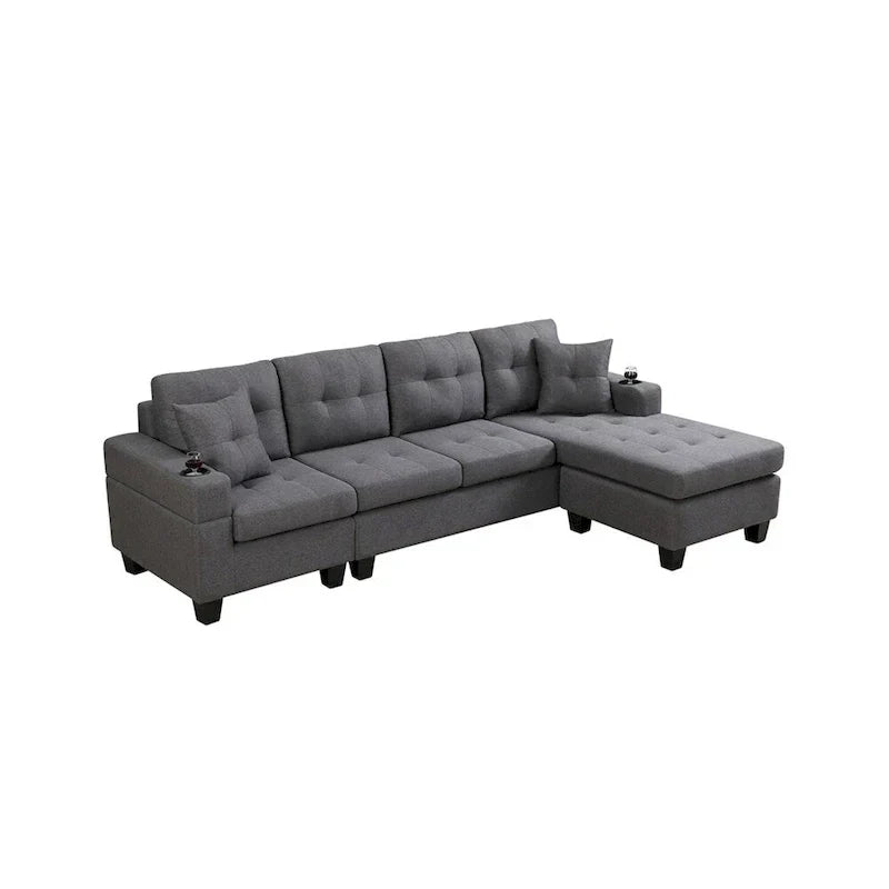 Wohnlandschaft mit L-förmiger Chaiselongue und Getränkehalter
