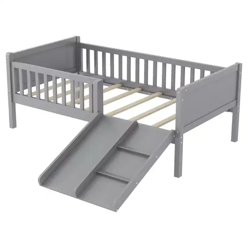 Lit mezzanine bas Whisen format une place pour enfants avec toboggan, bibliothèque de rangement mobile et barrières de sécurité