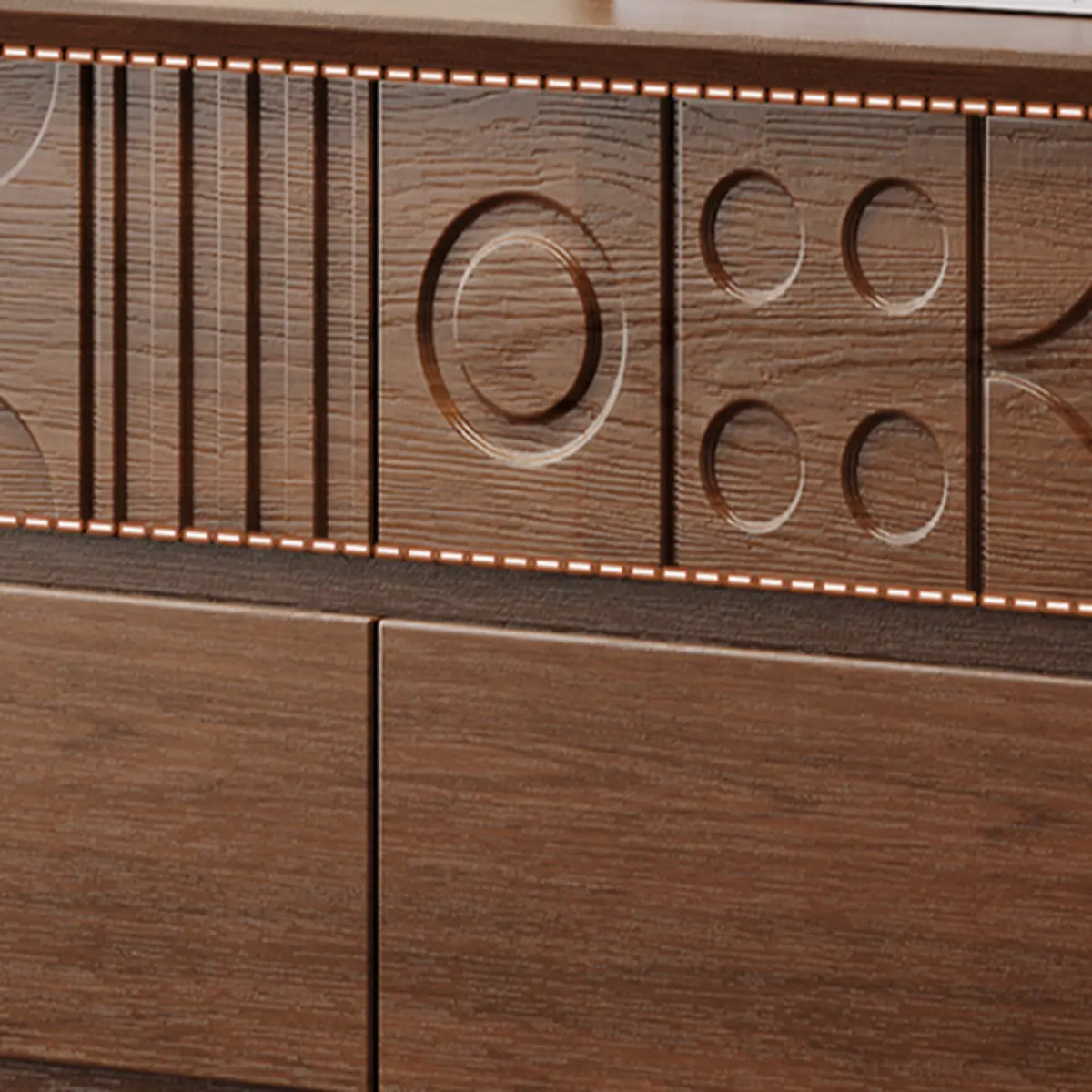 Houten ladekast geïnspireerd op art deco, met geometrisch snijwerk