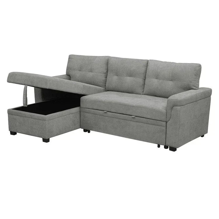 Canapé d’angle convertible et réversible avec lit escamotable, méridienne avec rangement dissimulé et pieds robustes