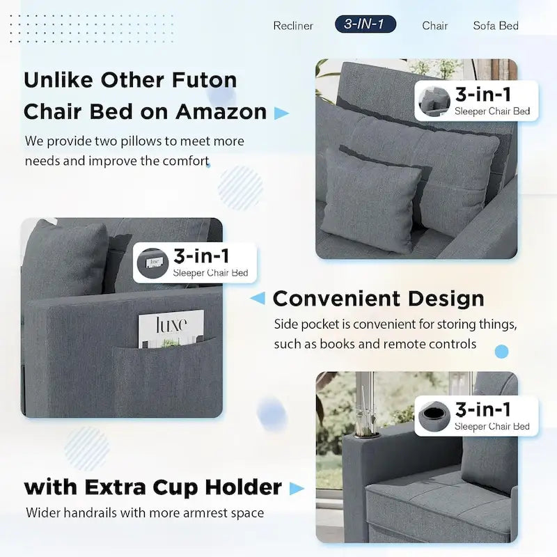 Fauteuil-lit réglable convertible 3-en-1, plusieurs couleurs, pour 1 personne