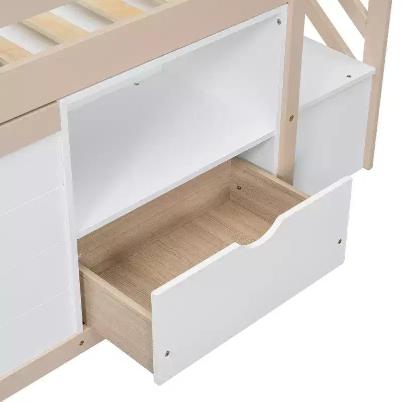 94.6L x 42.3W laag halfhoogslaper van massief hout voor een eenpersoonsbed, met trap, lade en plank, modern en strak ontwerp