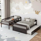 Lit superposé Gymax, couchage haut 1 place et couchage bas 2 places, avec lit gigogne 1 place et plateforme convertible