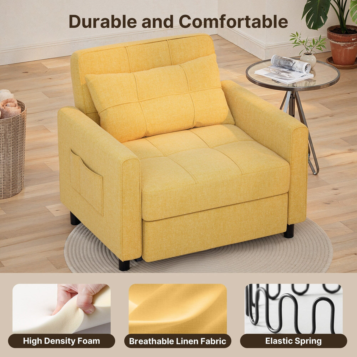 Canapé-lit convertible 3 en 1 avec réglage ajustable, fauteuil-canapé avec lit escamotable, lit pliant convertible pour le salon