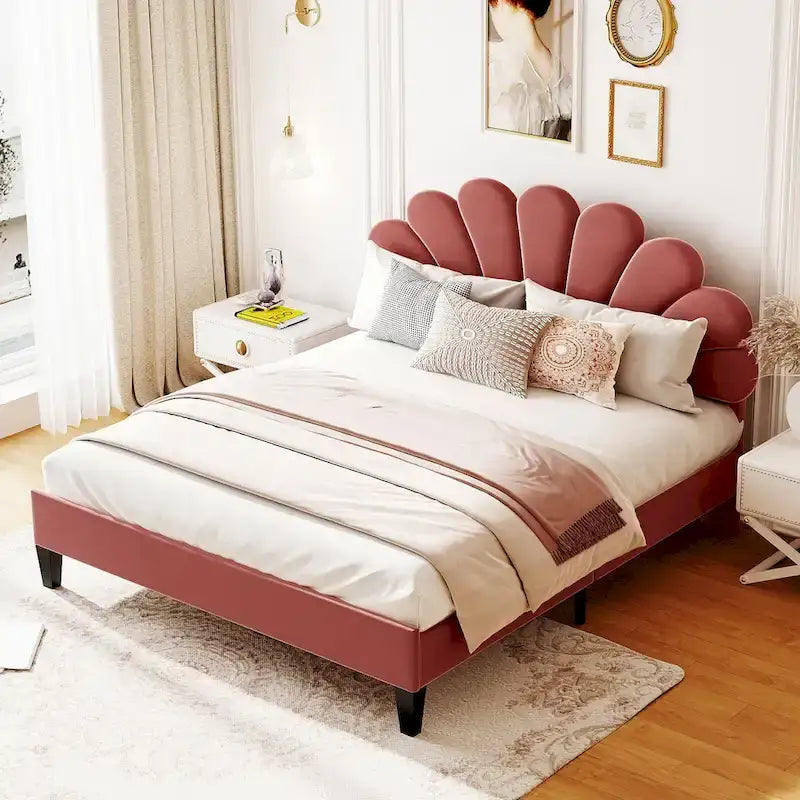 Letto matrimoniale imbottito in velluto floreale con piattaforma