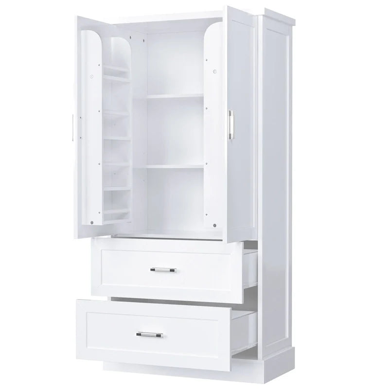 Hoher Badezimmerschrank mit zwei Türen und Schubladen, verstellbarem Einlegeboden und MDF-Platte