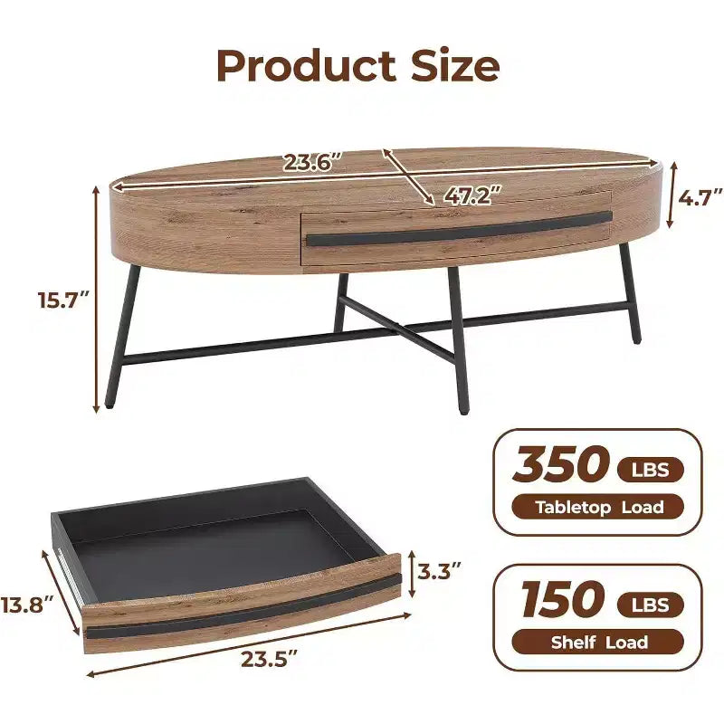 Acekool ovale salontafel met lade, houten opbergtafel van 47.2 met metalen kruispoten, modern tafelblad uit het midden van de vorige eeuw in naturel en gouden wilg