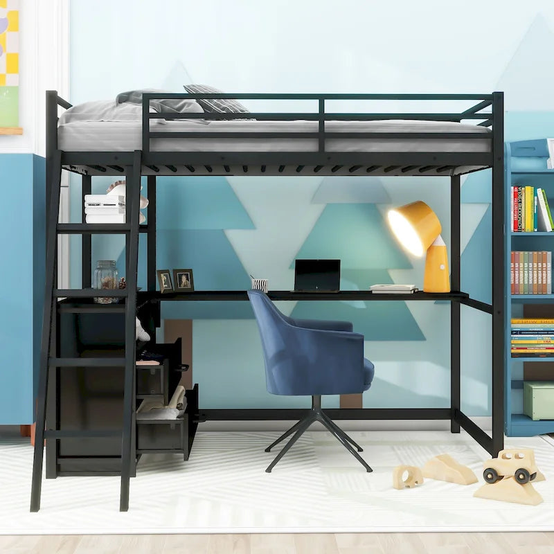 Letto a soppalco singolo con scrivania, mensole e cassetti contenitore