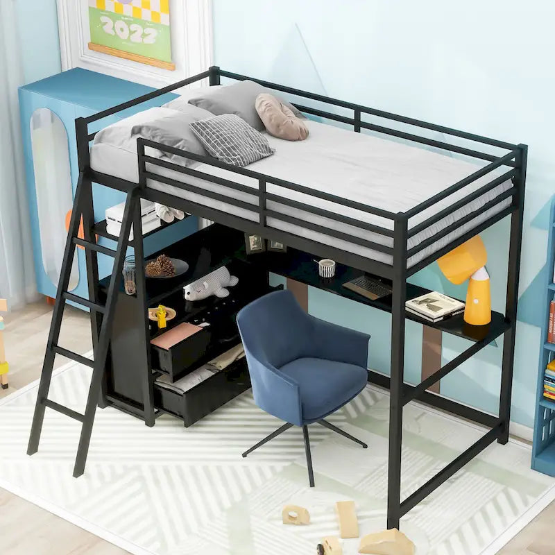 Letto a soppalco singolo con scrivania, mensole e cassetti contenitore