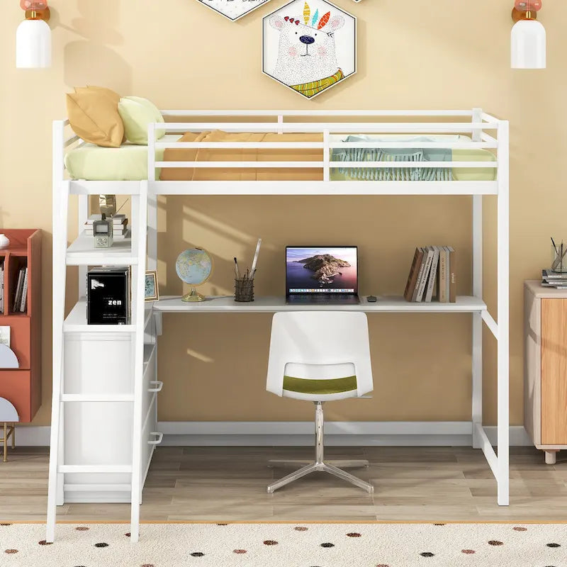 Letto a soppalco singolo con scrivania, mensole e cassetti contenitore