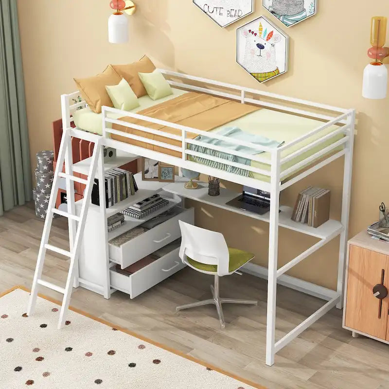 Letto a soppalco singolo con scrivania, mensole e cassetti contenitore
