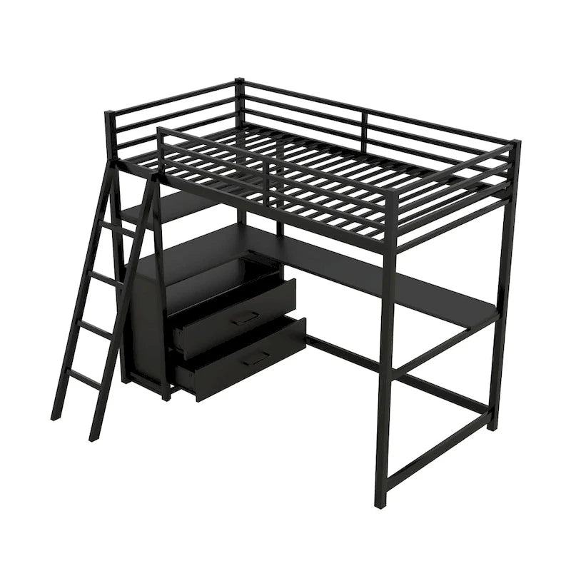 Letto a soppalco singolo con scrivania, mensole e cassetti contenitore