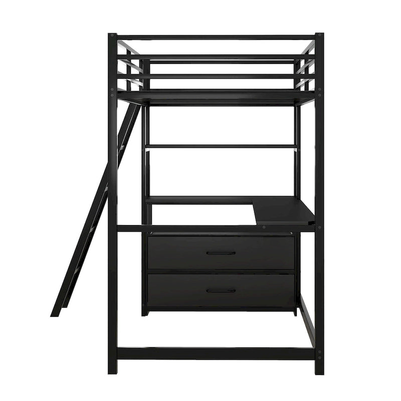Letto a soppalco singolo con scrivania, mensole e cassetti contenitore