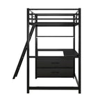 Letto a soppalco singolo con scrivania, mensole e cassetti contenitore