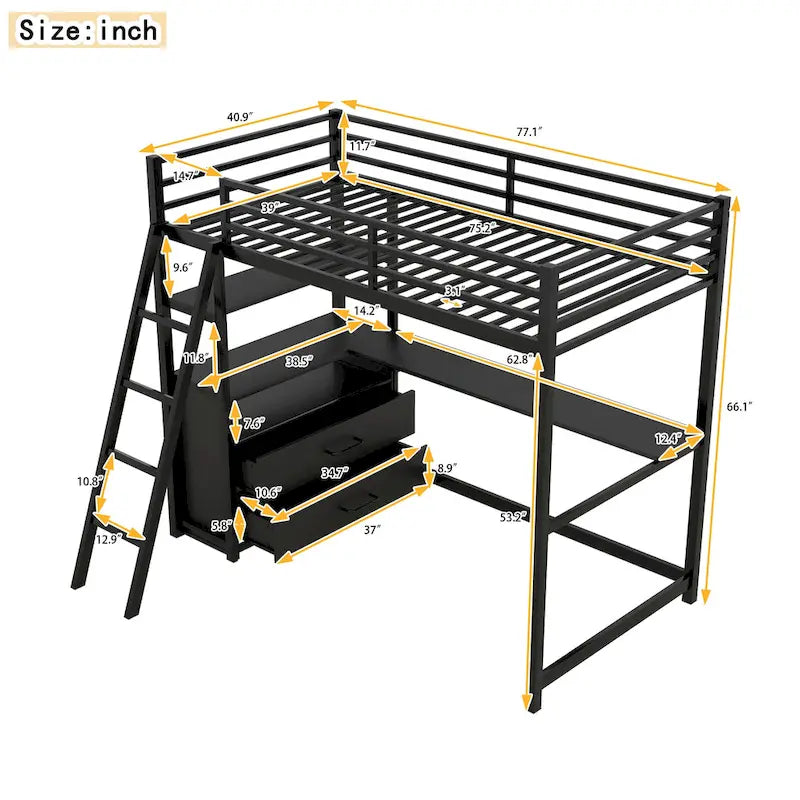 Letto a soppalco singolo con scrivania, mensole e cassetti contenitore