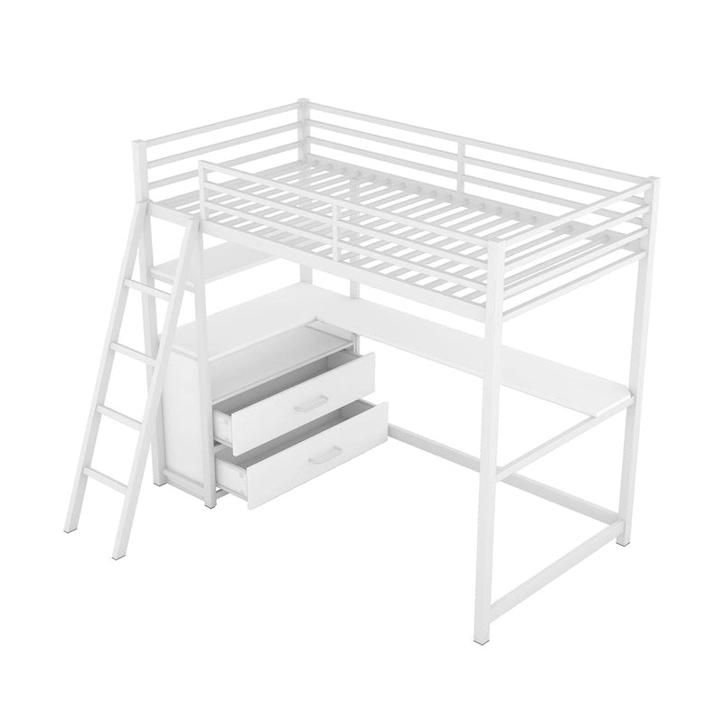 Letto a soppalco singolo con scrivania, mensole e cassetti contenitore