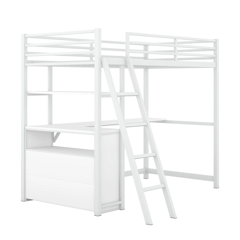Letto a soppalco singolo con scrivania, mensole e cassetti contenitore