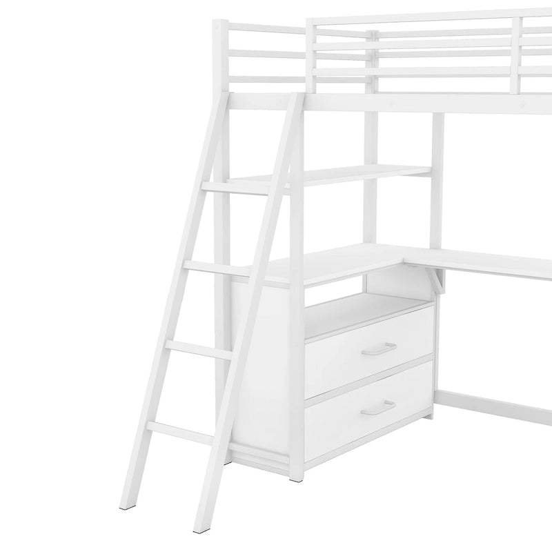 Letto a soppalco singolo con scrivania, mensole e cassetti contenitore