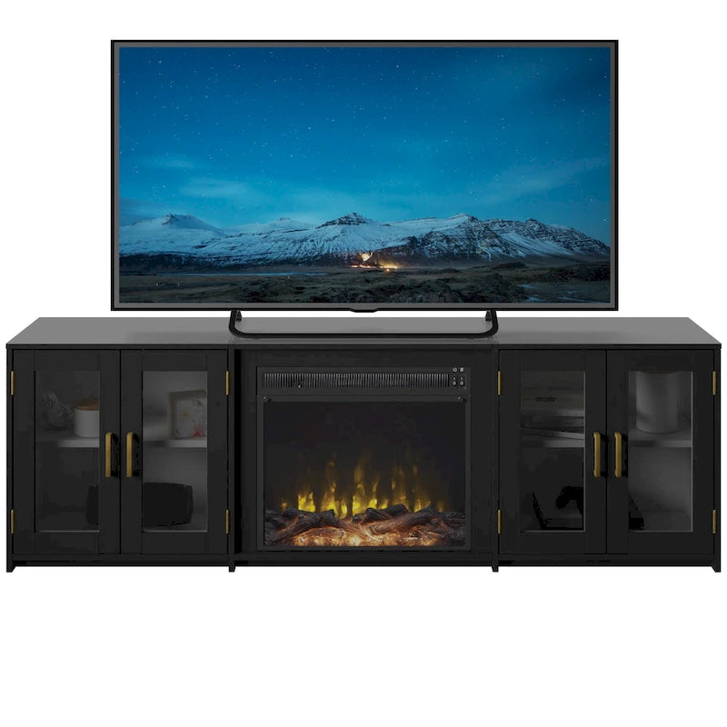 Mobile TV con camino elettrico e ante in vetro, adatto a TV fino a 80"