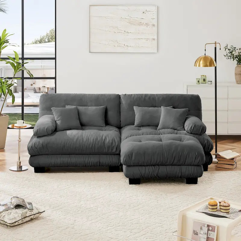 L-vormige loveseat, hoekbank van chenille met lendenkussens