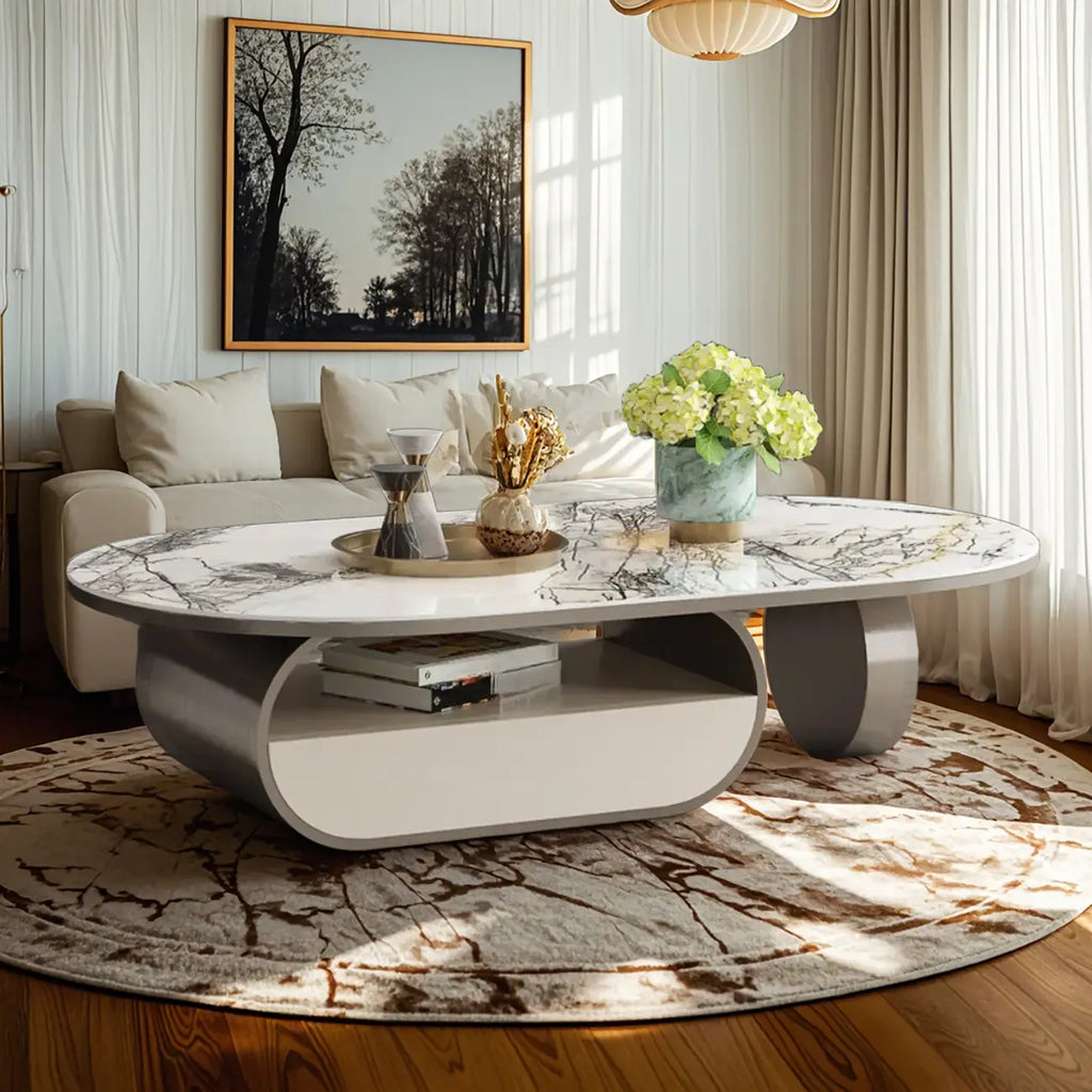 Eigentijdse, unieke ovale salontafel met marmeren blad en lade