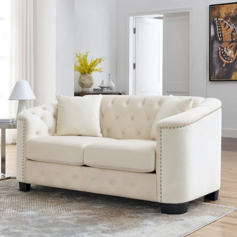 Divano Chesterfield in velluto da 150 cm — 2 posti con schienale capitonné e braccioli con borchie