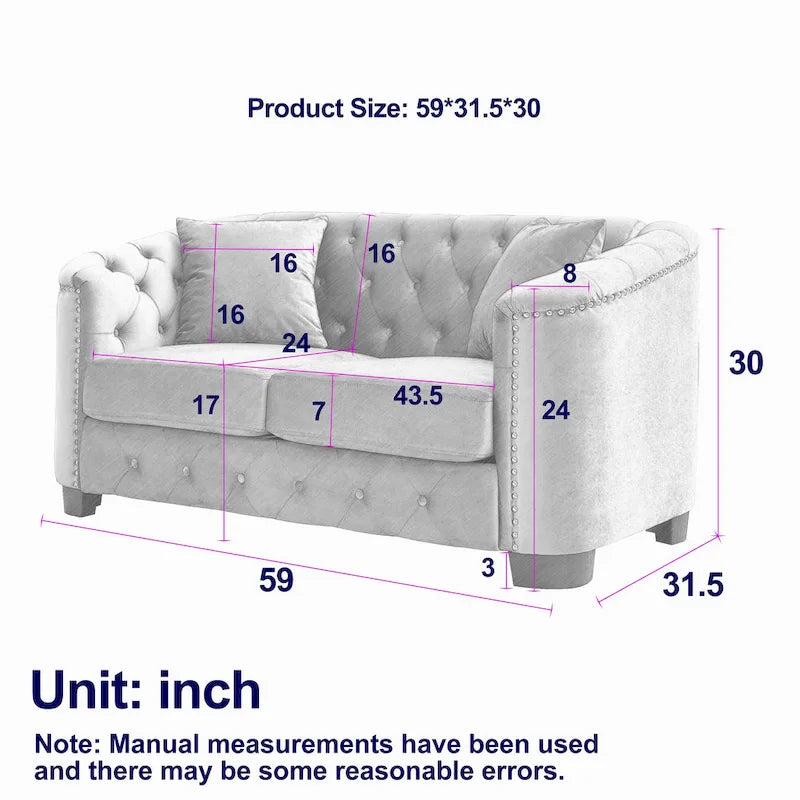 Divano Chesterfield in velluto da 150 cm — 2 posti con schienale capitonné e braccioli con borchie