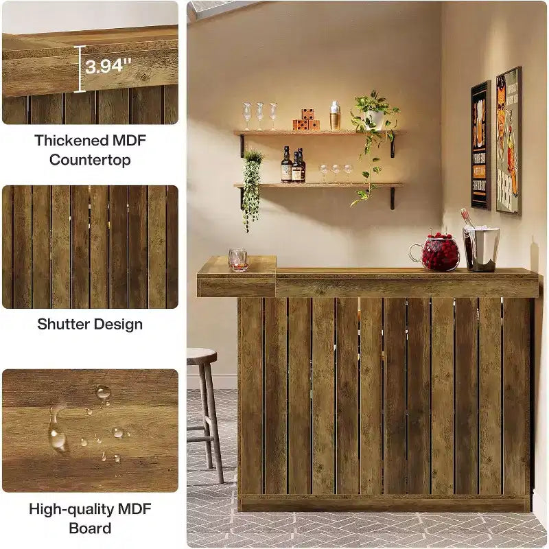 Lantine L-vormige thuisbar, hoekbartafel met 4 niveaus, opbergplanken en wijnglashouder voor thuisbar