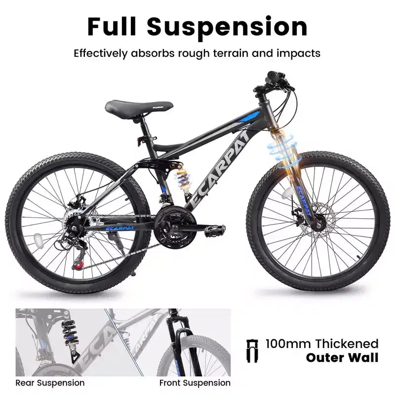 Okak 26IN mountainbike met schijfremmen, fiets voor volwassenen met 21 versnellingen, stevig frame en dubbele achtervering, voor fietsen op stadswegen