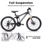 Okak 26IN mountainbike met schijfremmen, fiets voor volwassenen met 21 versnellingen, stevig frame en dubbele achtervering, voor fietsen op stadswegen