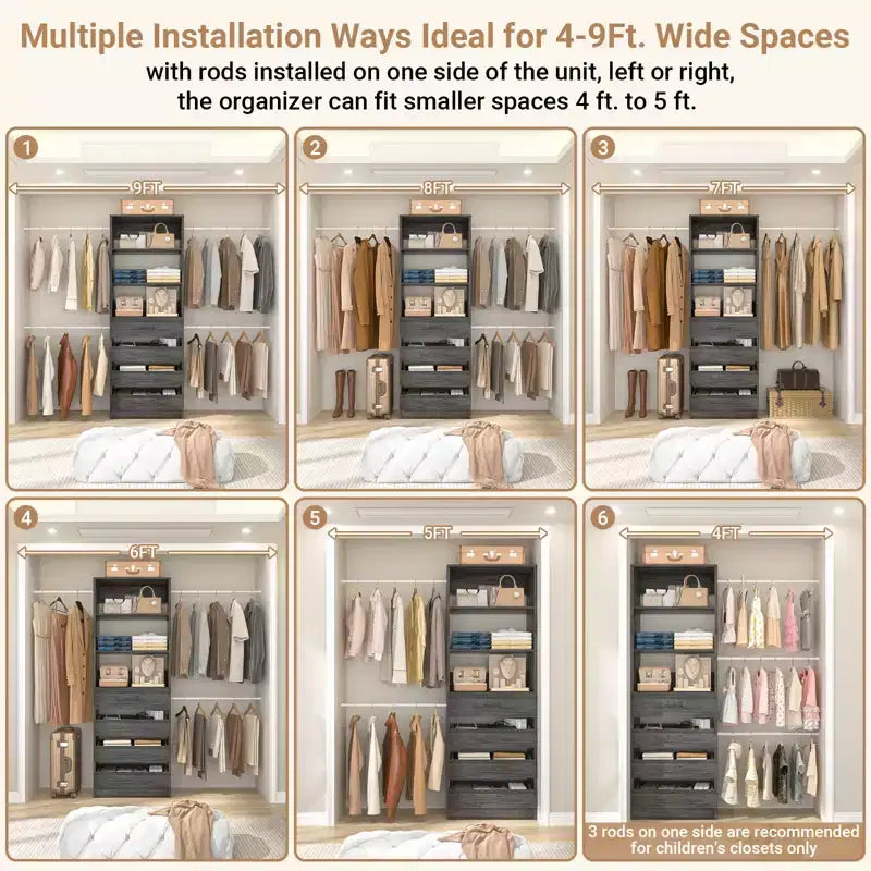 Besiost-Schrankorganisationssystem aus Holz, 4-9 Ft, mit 4 Schubladen, 4 Kleiderstangen und Regaltürmen