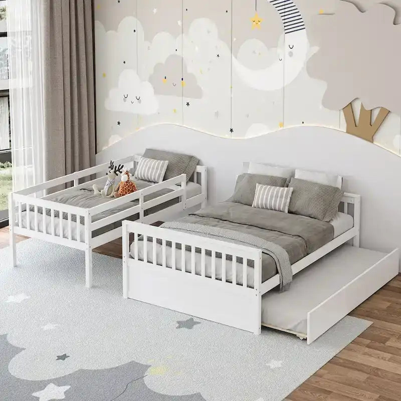 Lit superposé Gymax, couchage haut 1 place et couchage bas 2 places, avec lit gigogne 1 place et plateforme convertible