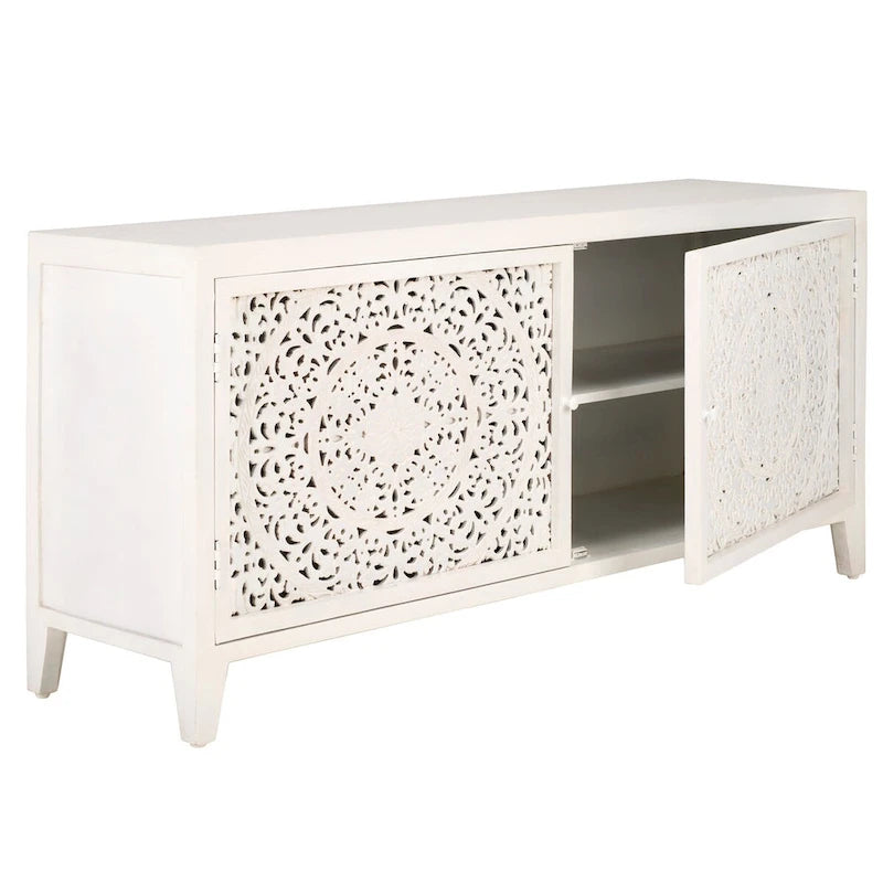 Mobile TV in Legno di Mango con 2 Ripiani e 2 Ante - 140L x 38P x 66A cm