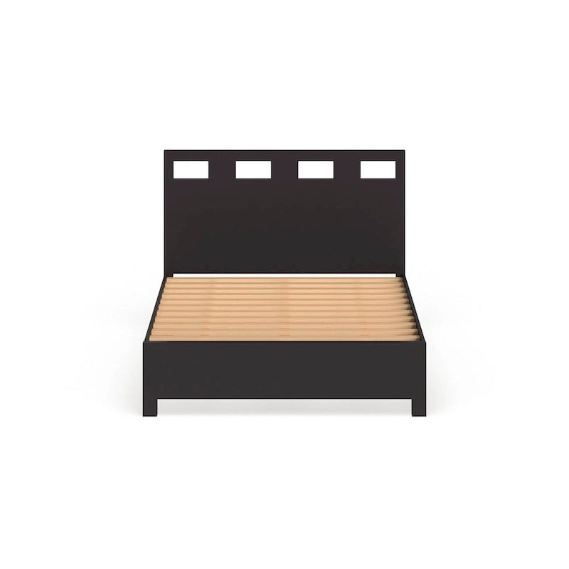 Letto a piattaforma contenitore con testiera rettangolare intagliata – Finitura espresso